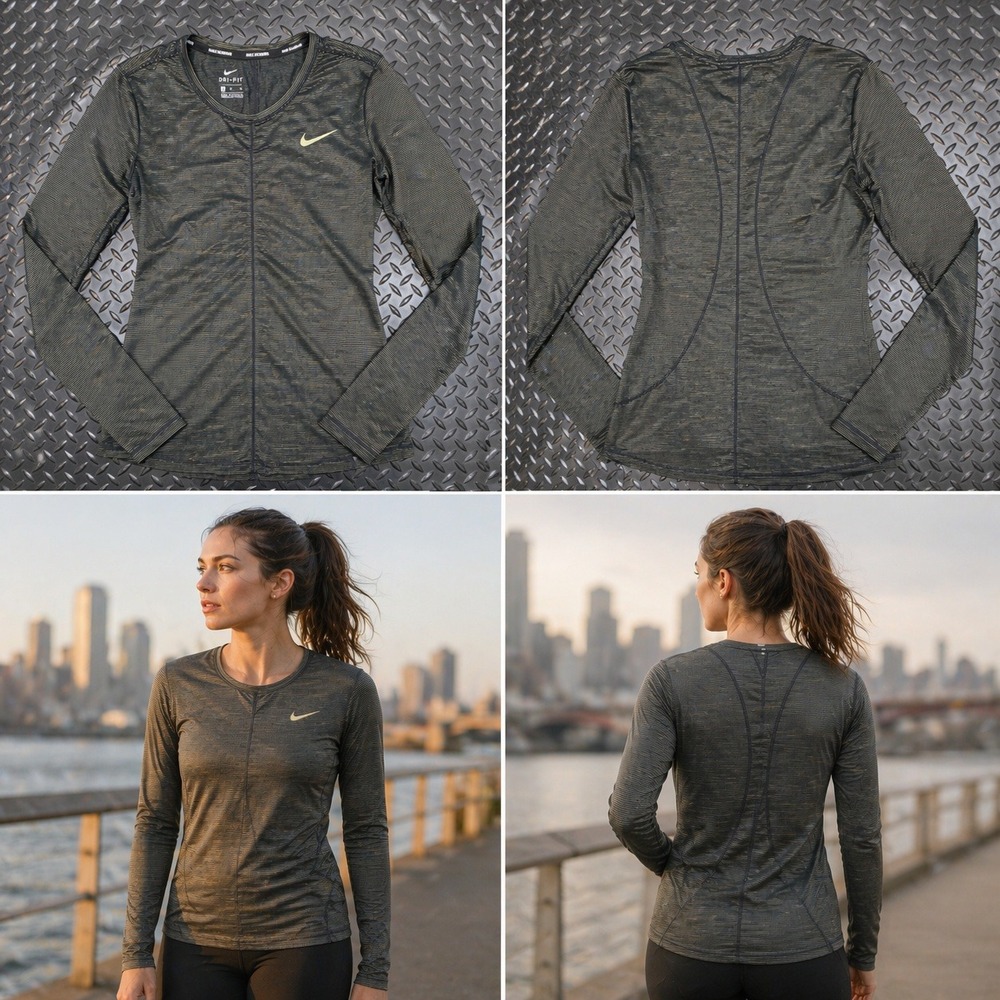 Nike Running‎ Dri-FIT Long Sleeve Shirt Womens Medium Black Gold Striped Top